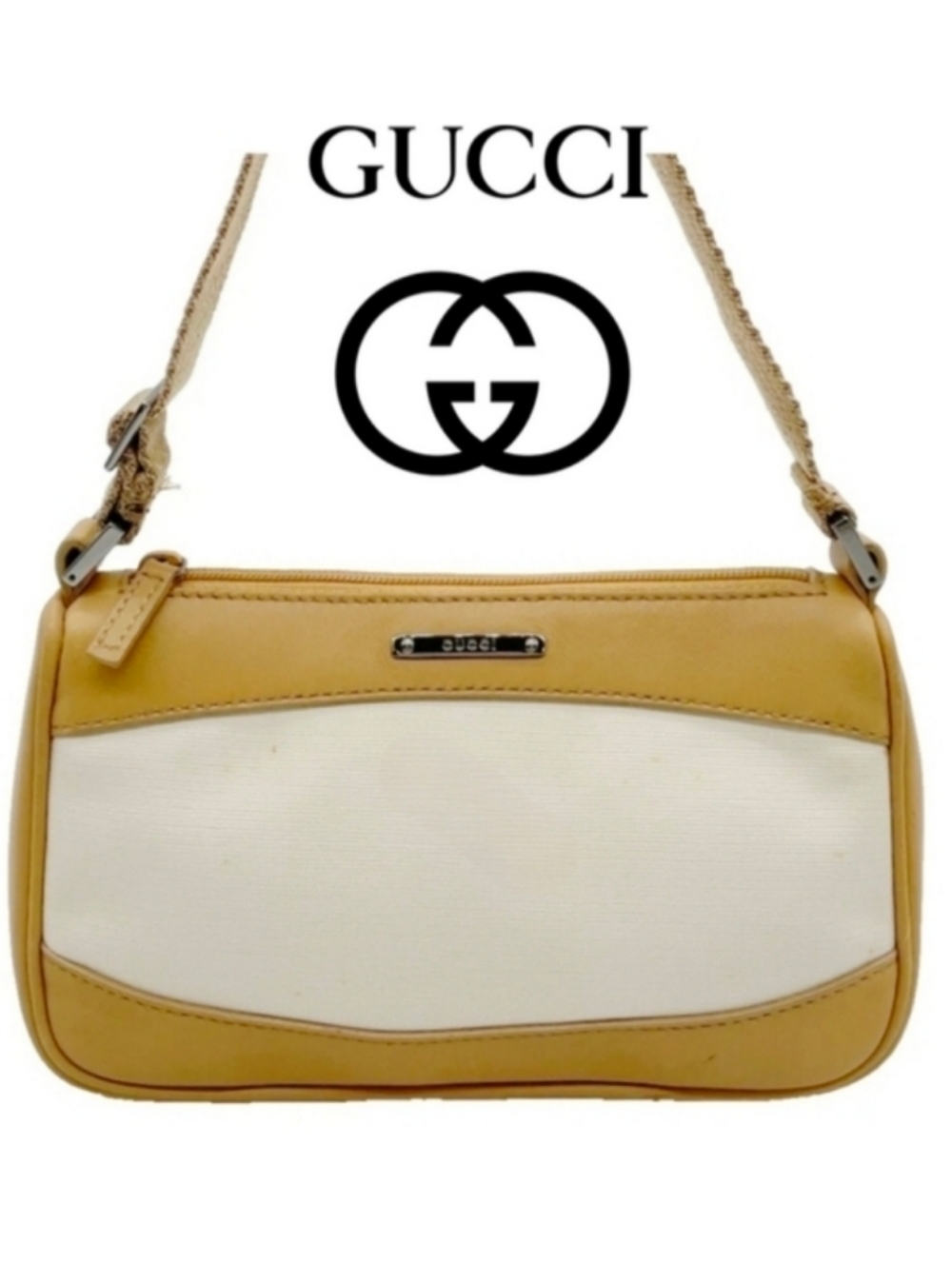 Auth Gucci GG Plate Hianvas Leather Beige White Mini Pouch BAG